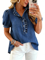 Chouyatou Denim Shirt Women Y2k Ruffle Denim Top Button Down Jean Shirt Summer Puff Short Sleeve Blouse