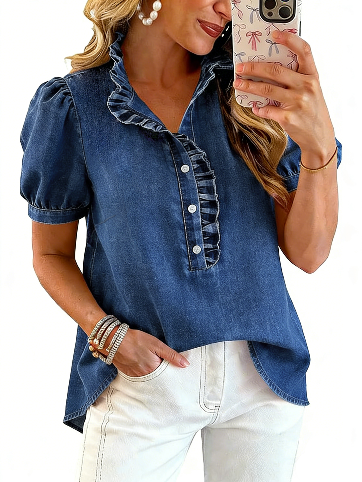 Chouyatou Denim Shirt Women Y2k Ruffle Denim Top Button Down Jean Shirt Summer Puff Short Sleeve Blouse