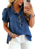CHOUYATOU Denim Shirt Women Y2k Ruffle Denim Top Button Down Jean Shirt 2026 Summer Puff Short Sleeve Blouse