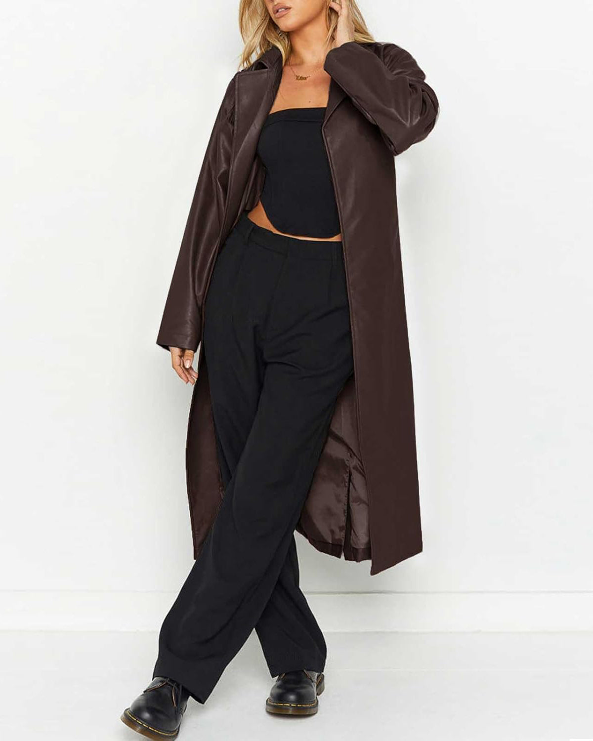 Chouyatou Women's Casual Lapel Open Front Pu Faux Leather Long Trench Coat with Belt