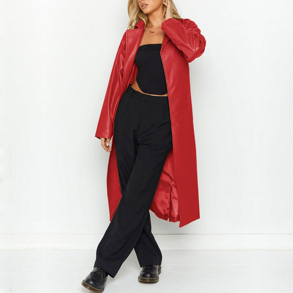 Chouyatou Women's Casual Lapel Open Front Pu Faux Leather Long Trench Coat with Belt