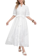 UTCOCO utcoco Women's Embroidered Eyelet Shirt Dresses Belted Puff Sleeve Button Down Swing Boho Cotton Maxi Shirt Dress