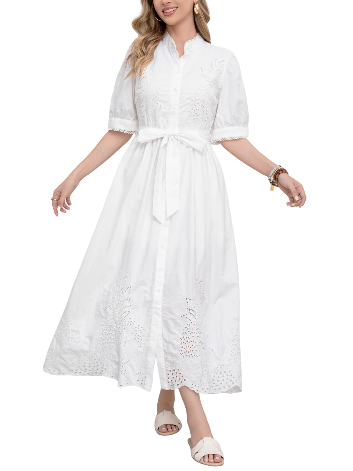 UTCOCO utcoco Women's Embroidered Eyelet Shirt Dresses Belted Puff Sleeve Button Down Swing Boho Cotton Maxi Shirt Dress