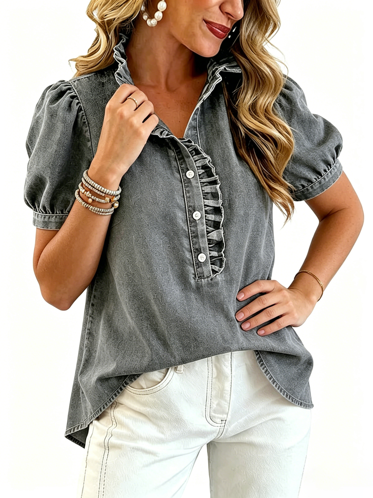 Chouyatou Denim Shirt Women Y2k Ruffle Denim Top Button Down Jean Shirt Summer Puff Short Sleeve Blouse