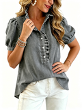 CHOUYATOU Denim Shirt Women Y2k Ruffle Denim Top Button Down Jean Shirt 2026 Summer Puff Short Sleeve Blouse