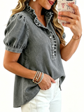CHOUYATOU Denim Shirt Women Y2k Ruffle Denim Top Button Down Jean Shirt 2026 Summer Puff Short Sleeve Blouse