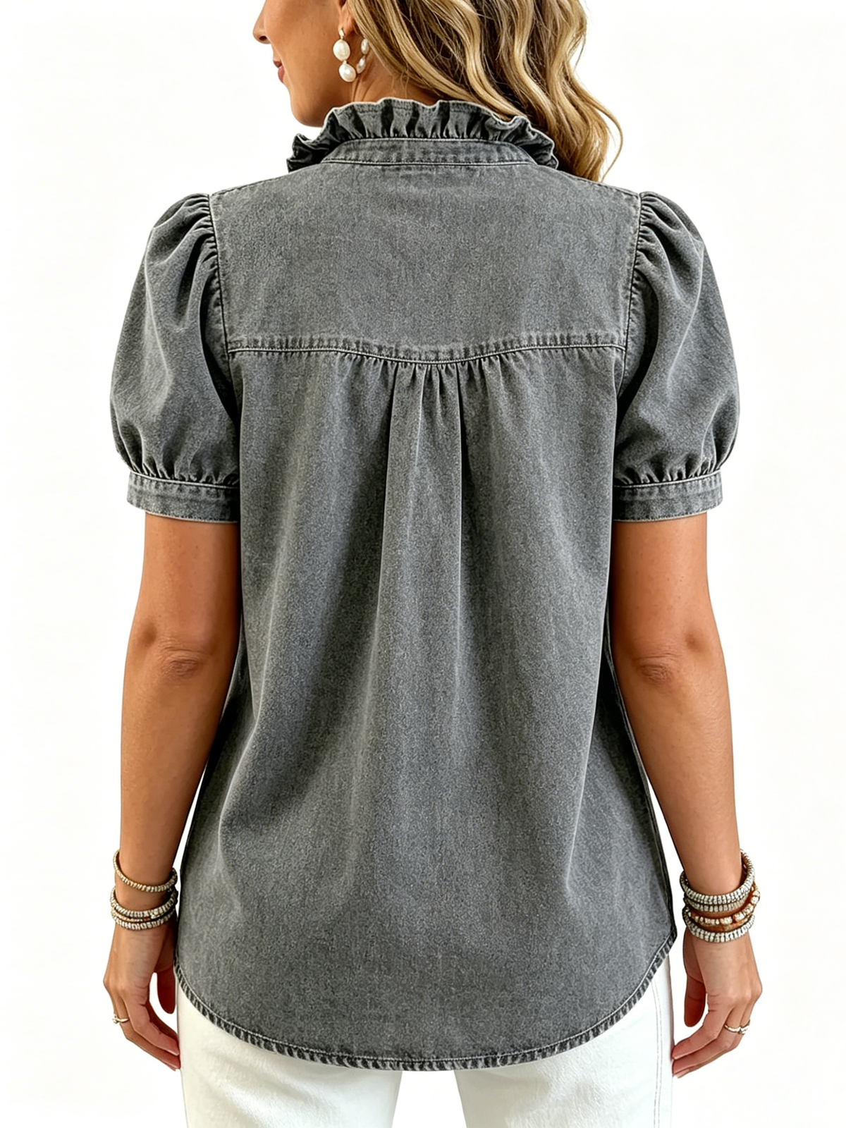 Chouyatou Denim Shirt Women Y2k Ruffle Denim Top Button Down Jean Shirt Summer Puff Short Sleeve Blouse