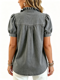 CHOUYATOU Denim Shirt Women Y2k Ruffle Denim Top Button Down Jean Shirt 2026 Summer Puff Short Sleeve Blouse