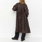 Chouyatou Women's Casual Lapel Open Front Pu Faux Leather Long Trench Coat with Belt