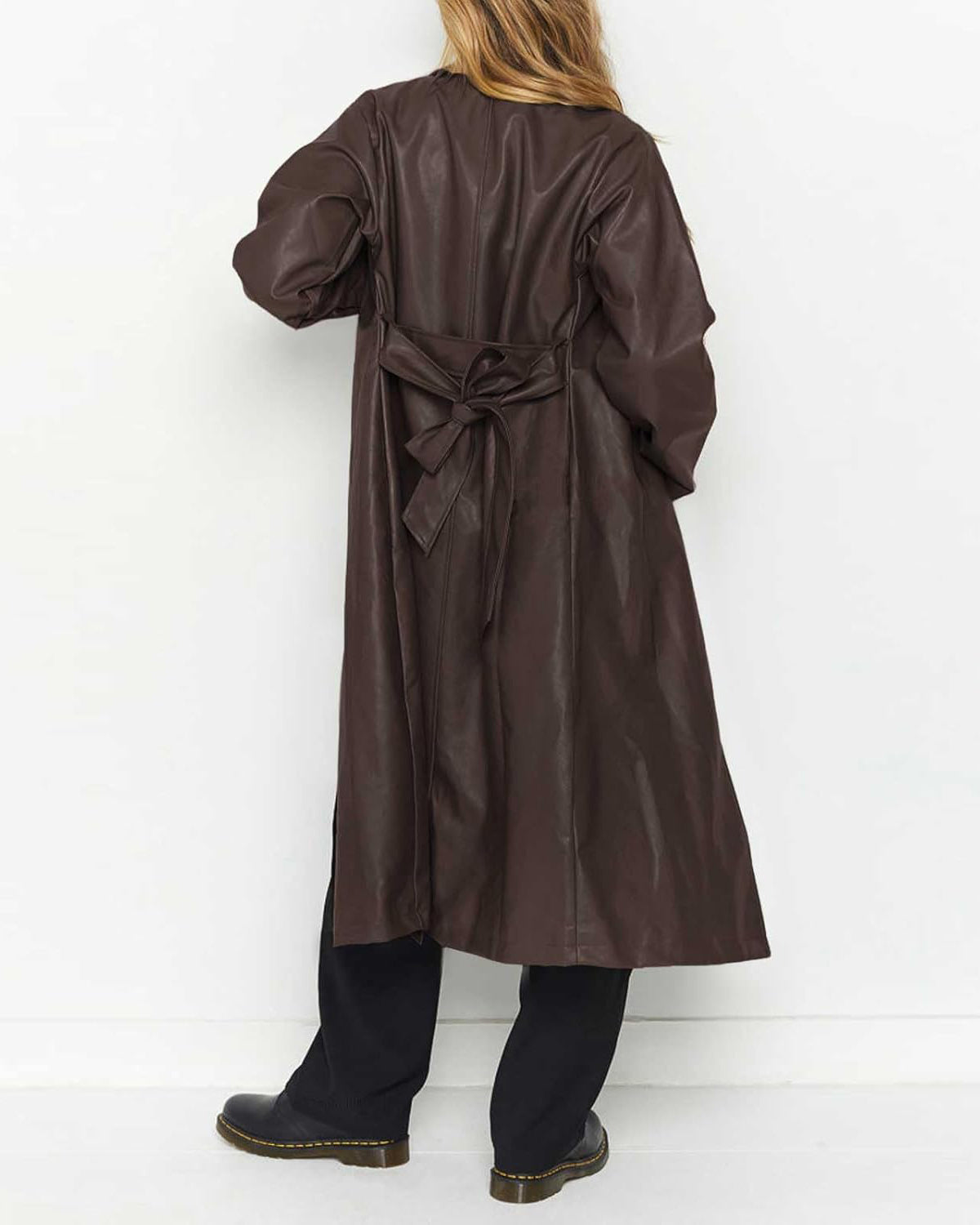 Chouyatou Women's Casual Lapel Open Front Pu Faux Leather Long Trench Coat with Belt