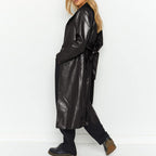 Chouyatou Women's Casual Lapel Open Front Pu Faux Leather Long Trench Coat with Belt
