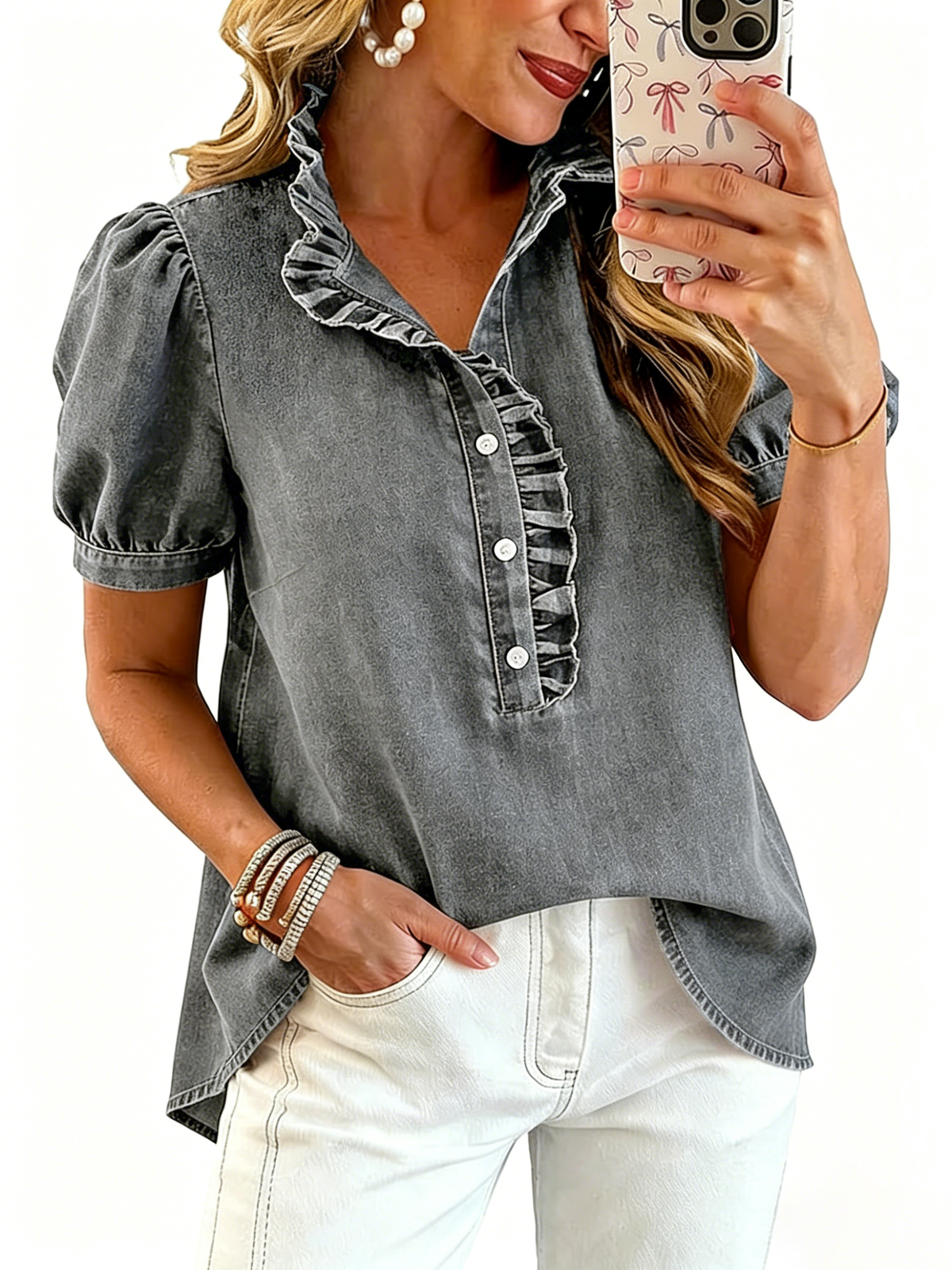 Chouyatou Denim Shirt Women Y2k Ruffle Denim Top Button Down Jean Shirt Summer Puff Short Sleeve Blouse