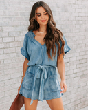 Chouyatou Women's Ruffle V Neck Denim Shorts Jumpsuit Short Sleeve Poccketed Jean Rompers with Belt