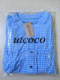 UTCOCO Womens Plaid Button Down Shirts Casual Loose Fit 3/4 Sleeve Gingham Top Checkered Blouses