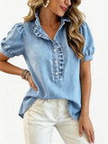 CHOUYATOU Denim Shirt Women Y2k Ruffle Denim Top Button Down Jean Shirt 2026 Summer Puff Short Sleeve Blouse