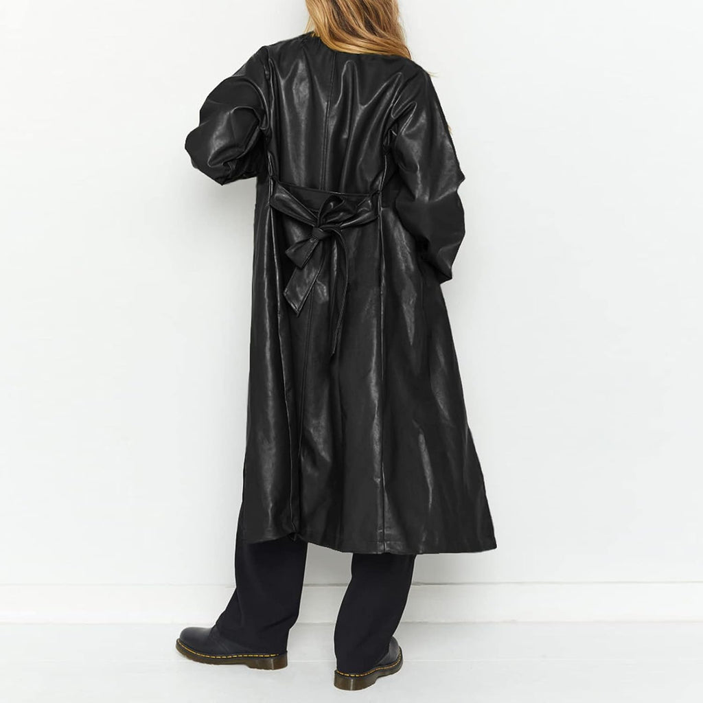 Chouyatou Women's Casual Lapel Open Front Pu Faux Leather Long Trench Coat with Belt