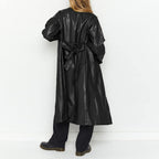 Chouyatou Women's Casual Lapel Open Front Pu Faux Leather Long Trench Coat with Belt
