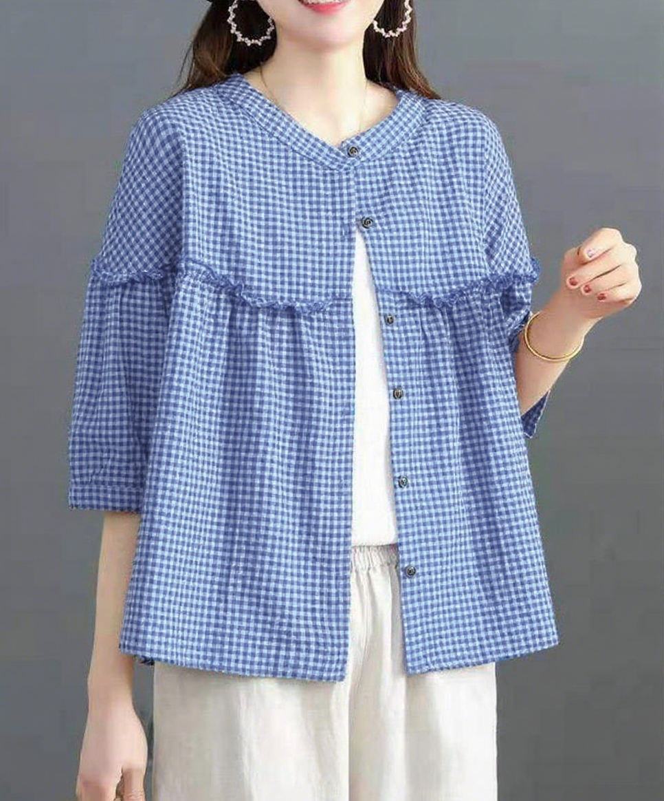UTCOCO Womens Plaid Button Down Shirts Casual Loose Fit 3/4 Sleeve Gingham Top Checkered Blouses