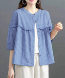 UTCOCO Womens Plaid Button Down Shirts Casual Loose Fit 3/4 Sleeve Gingham Top Checkered Blouses