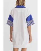 Chouyatou Women's Summer V-Neck Polo Collared Mini Dress Loose Casual Striped Splicing T-Shirt Dress