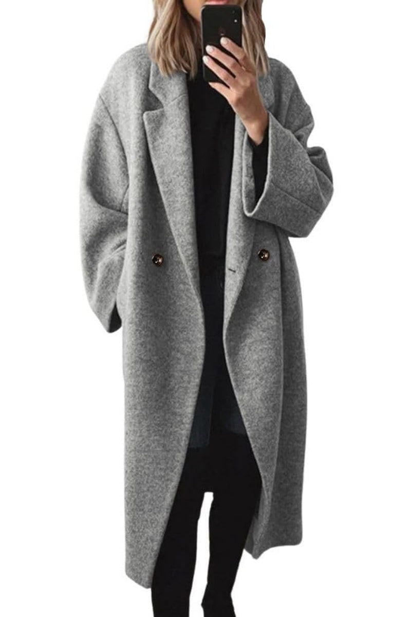Chouyatou Women's Winter Double Breasted Wool Coat Long Sleeve Notch Lapel Long Trench Coat