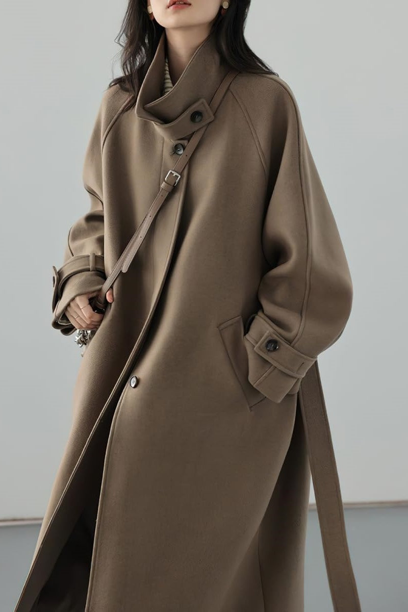 Chouyatou Women's Winter Hidden Single Breasted Wool Coat Raglan Sleeve Business Long Wool Overcoat