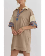 Chouyatou Women's Summer V-Neck Polo Collared Mini Dress Loose Casual Striped Splicing T-Shirt Dress