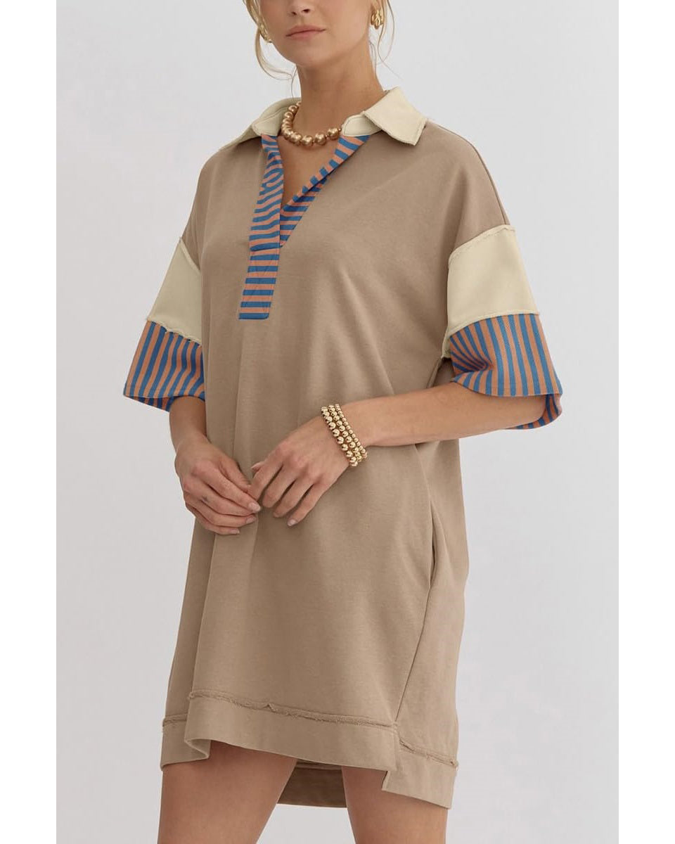 Chouyatou Women's Summer V-Neck Polo Collared Mini Dress Loose Casual Striped Splicing T-Shirt Dress