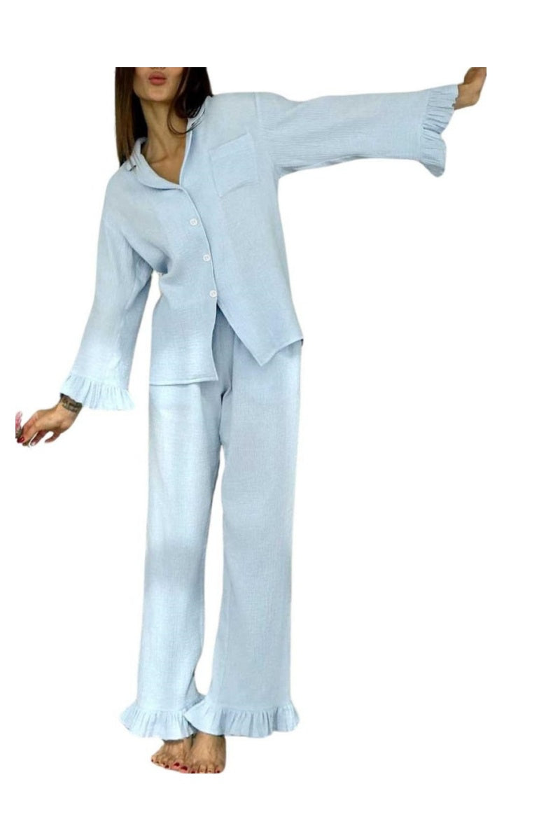 Chouyatou Womens Muslin Pajama Set Cotton Gauze Loungewear 3 Piece Long Sleeve Button Down Sleepwear Ruffle Pj Set