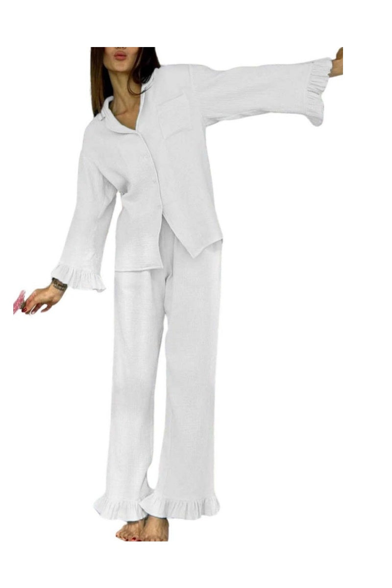 Chouyatou Womens Muslin Pajama Set Cotton Gauze Loungewear 3 Piece Long Sleeve Button Down Sleepwear Ruffle Pj Set