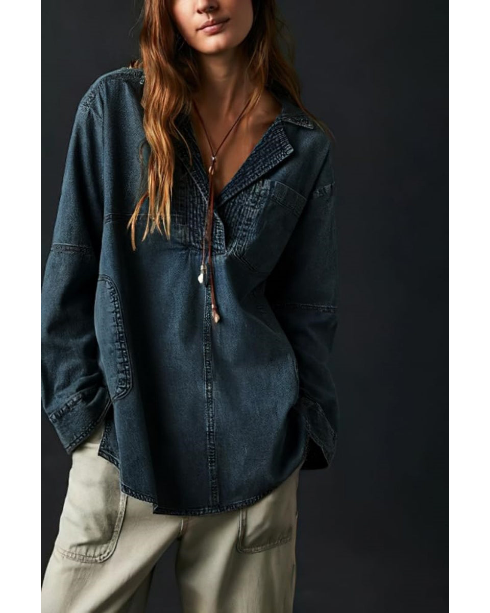 Chouyatou Women's Distressed V Neck Denim Jackets Boyfriend Loose Fit Bussiness Casual Jean Pullover Tops