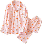 VCTOPS Womens Cotton Gauze Sleepwear  Pajama Set Long Sleeve Button Up Shirt and Pants 2 Piece Cute Printed Pj Set