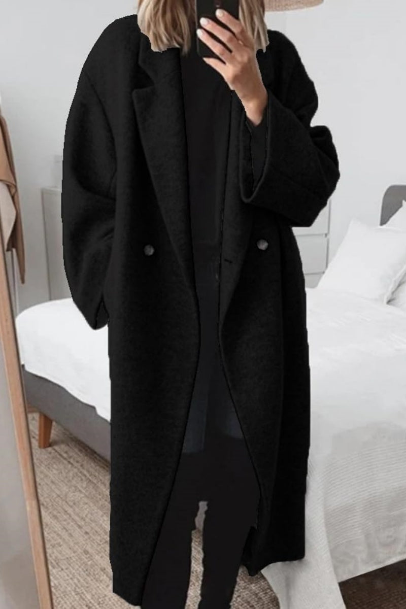 Chouyatou Women's Winter Double Breasted Wool Coat Long Sleeve Notch Lapel Long Trench Coat