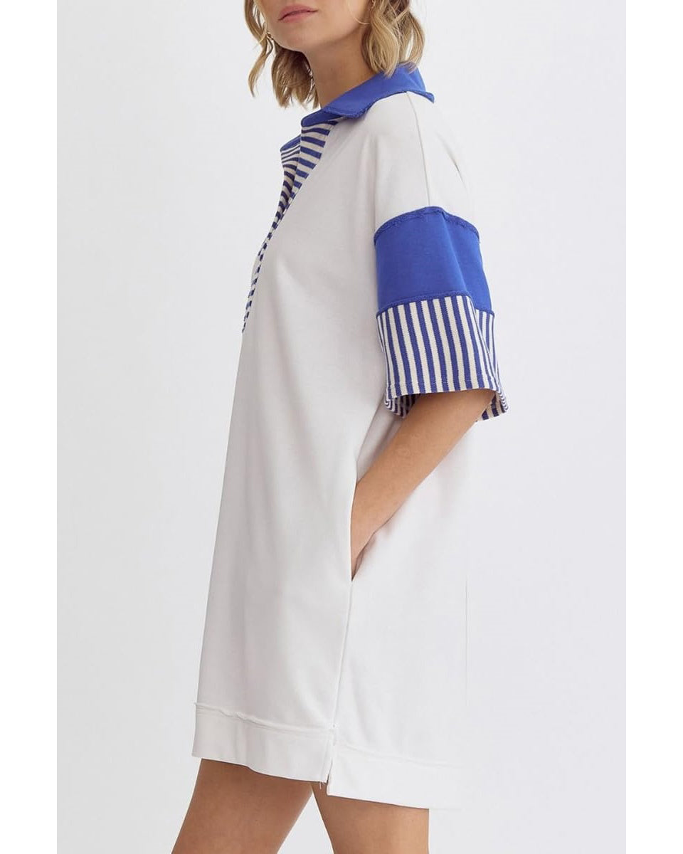 Chouyatou Women's Summer V-Neck Polo Collared Mini Dress Loose Casual Striped Splicing T-Shirt Dress