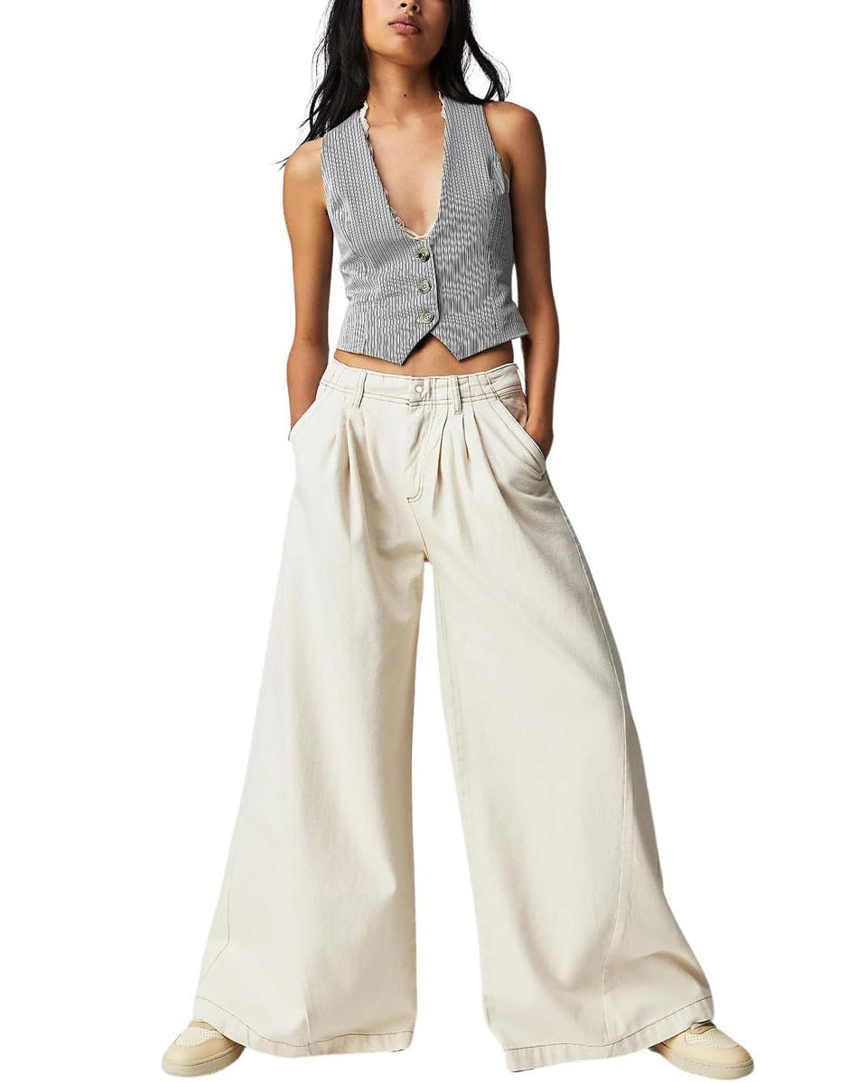 Chouyatou Women's Boyfriend Denim Cargo Pants Y2K Baggy Wide Leg Casual Dressy Jeans Culottes