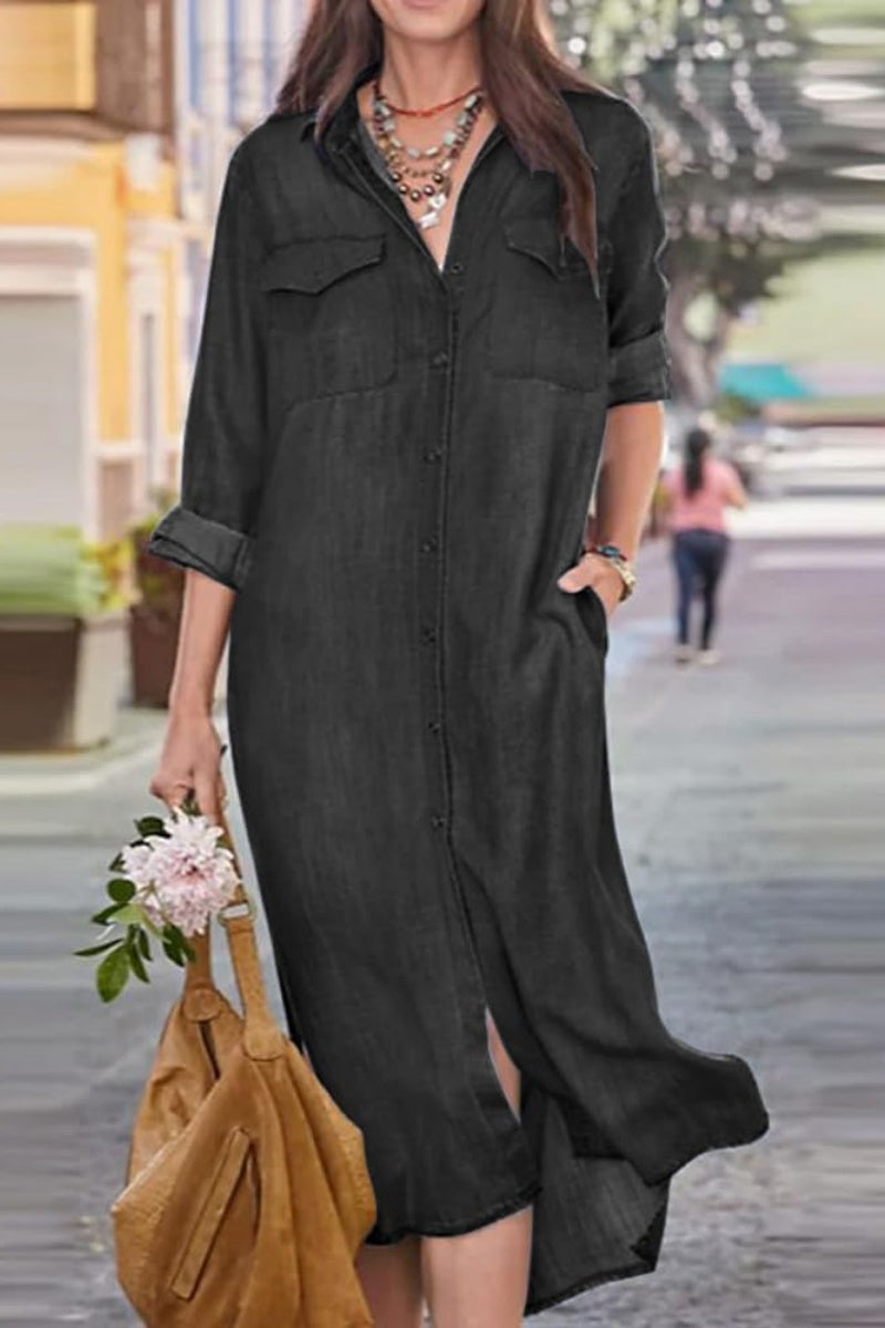 Chouyatou Women's Summer Casual Denim Shirt Dress Roll Up Long Sleeve CHOUYATOU Chouyatou Women's Summer Casual Denim Shirt Dress Roll Up Long Sleeve CHOUYATOU