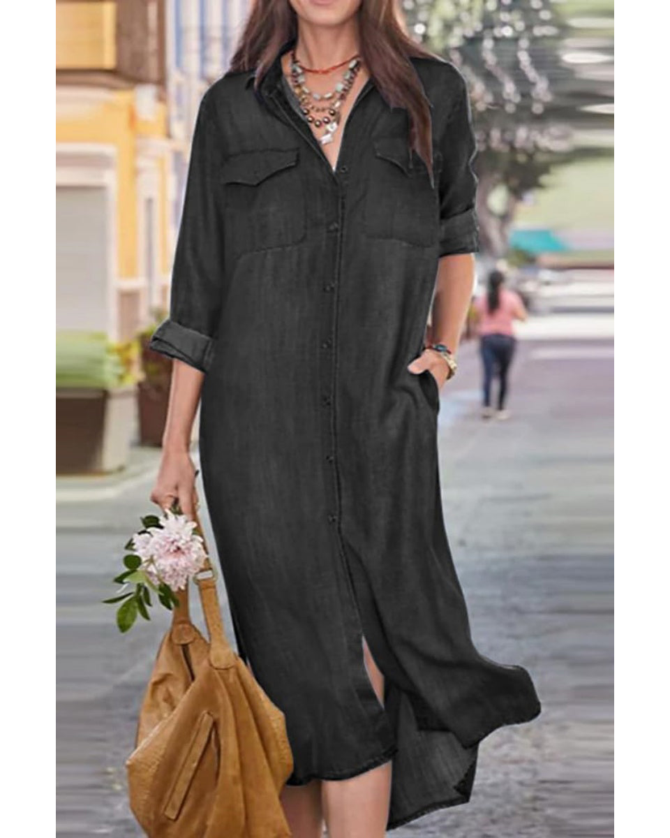 Chouyatou Women's Summer Casual Denim Shirt Dress Roll Up Long Sleeve Loose Maxi Shift Jean Dress