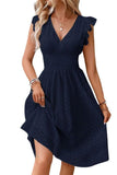Chouyatou Women's 2024 Eyelet Lace Embroidery Smocked Waist Party Dress Sexy Flutter Sleeve A Line Midi Long Sun Dress