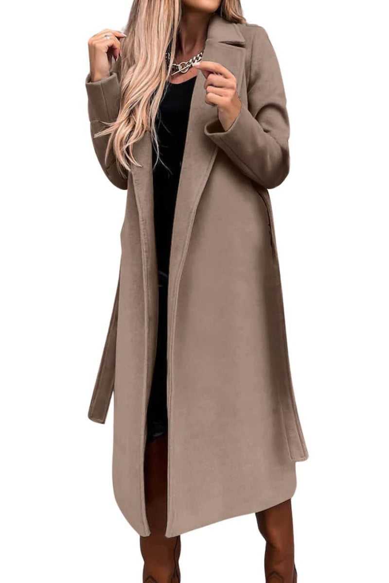 Chouyatou Womens Long Wool Pea Coats Notched Collar Open Front Woolen Blend Trench Coat with Belt