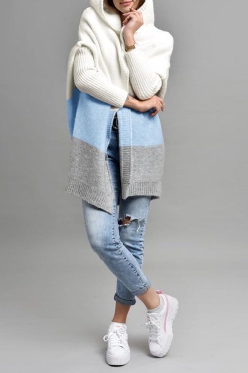 Chouyatou Women's Color Block Hooded Cardigan Casual Loose Open Front Ribbed Knit Long Coatigan Sweater