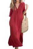 Chouyatou Womens Cotton Linen Maxi Dresses Casual Loose Fit V Neck 3/4 Sleeve Side Slit A Line Linen Long Dress