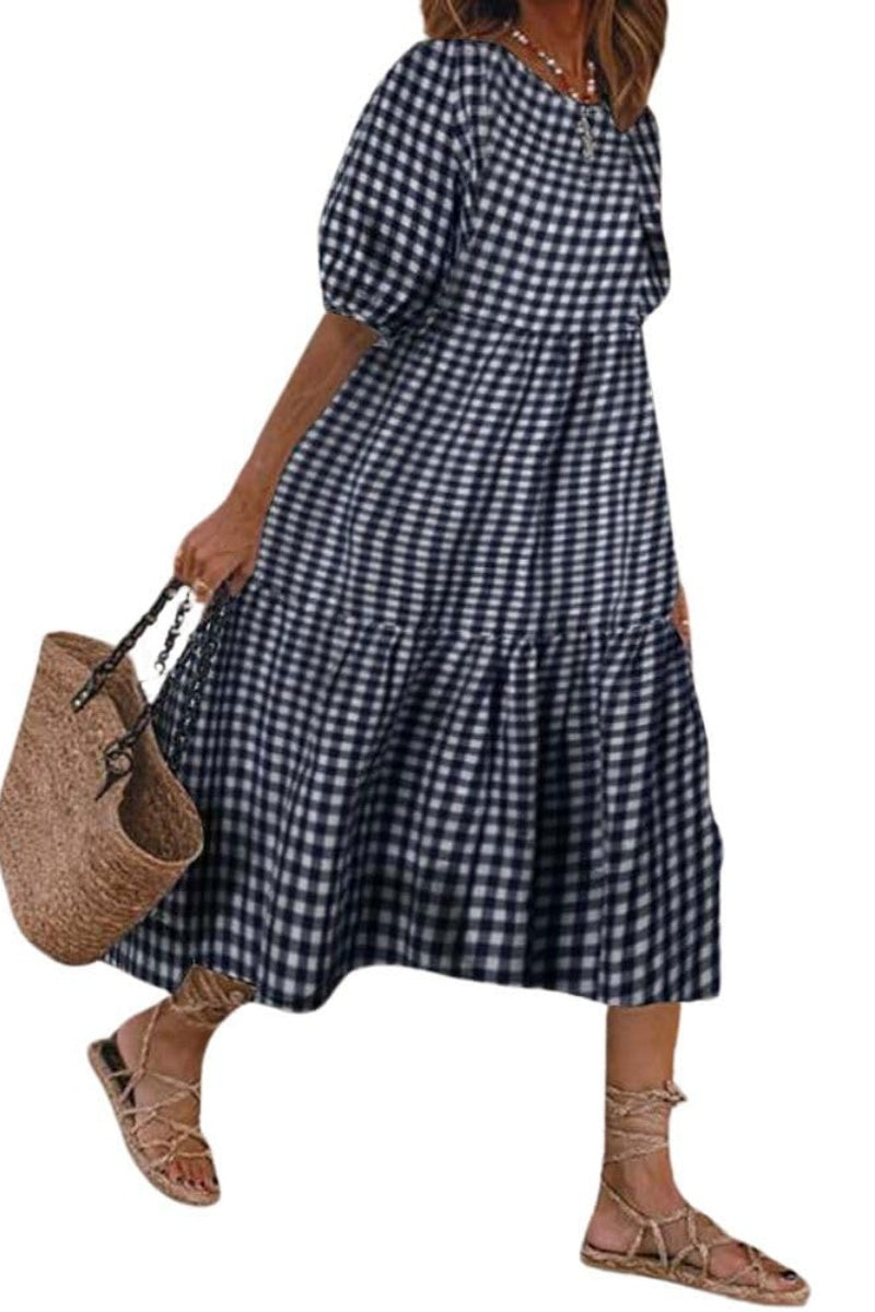 Chouyatou Women's Retro Lantern Puff Sleeve Plaid Dress Gingham Swing Tiered Midi Long Dress