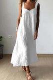 Chouyatou Women's Summer Spaghetti Strap Sleeveless Linen Overall Dress Casual A-Line Midi Long Beach Dress