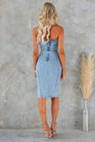 Chouyatou Denim Dress for Women Strapless Sleeveless Side Slit Sexy Skinny Bodycon Midi Jean Tube Dresses for Women