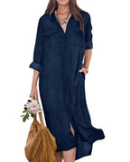 Chouyatou Women's Summer Casual Denim Shirt Dress Roll Up Long Sleeve Loose Maxi Shift Jean Dress