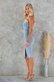 Chouyatou Denim Dress for Women Strapless Sleeveless Side Slit Sexy Skinny Bodycon Midi Jean Tube Dresses for Women