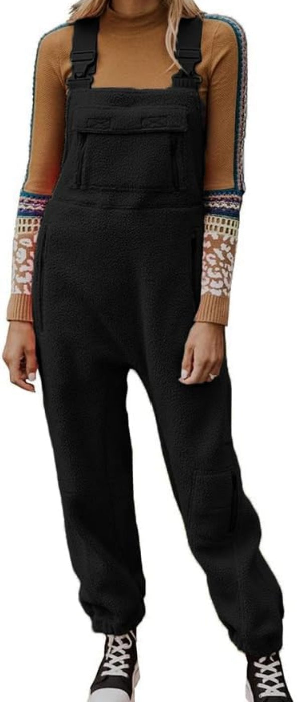 Chouyatou Womens Fuzzy Fleece Overall Jumpsuits Casual Loose Fit Winter Sherpa Bib Overalls with Pockets
