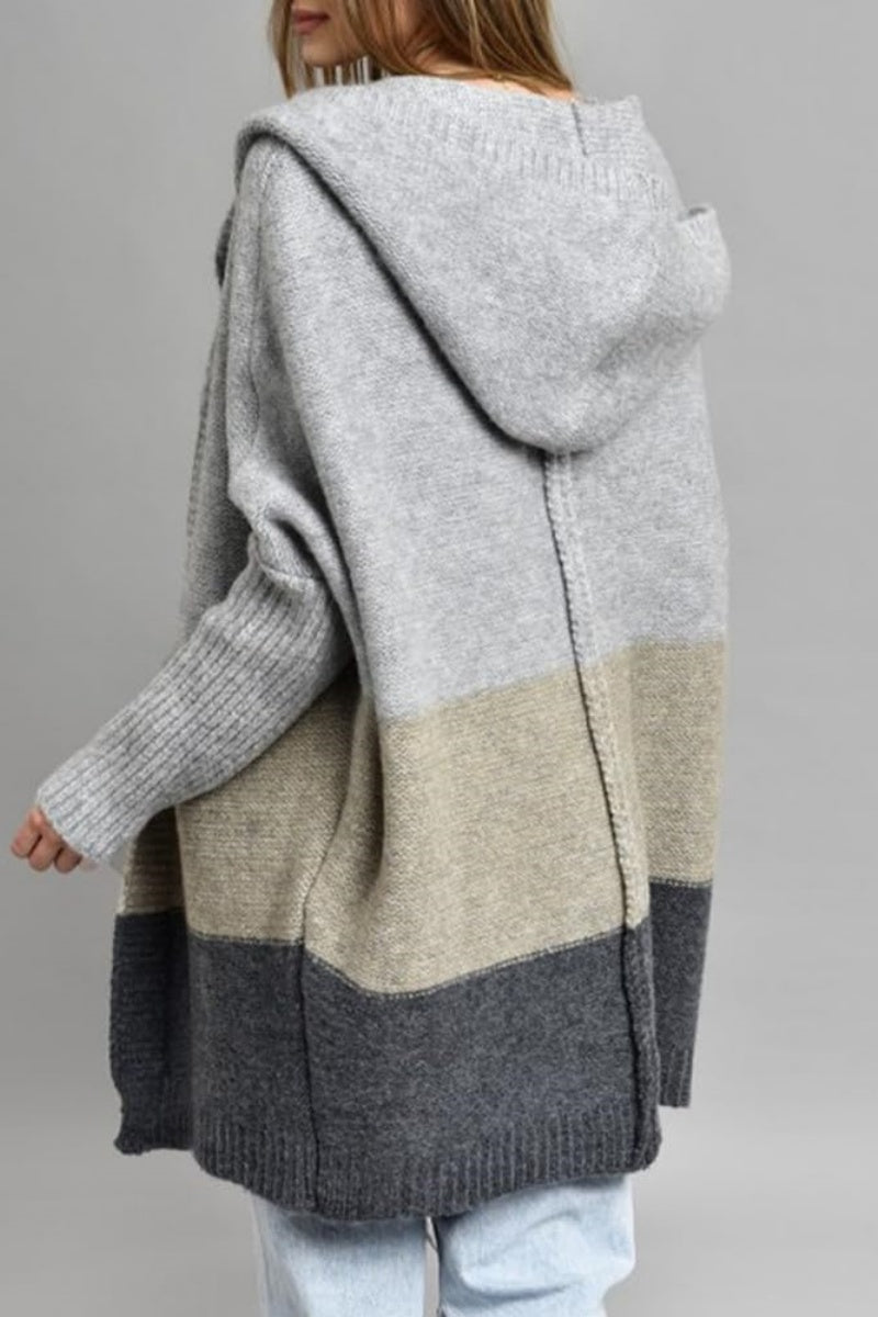 Chouyatou Women's Color Block Hooded Cardigan Casual Loose Open Front Ribbed Knit Long Coatigan Sweater