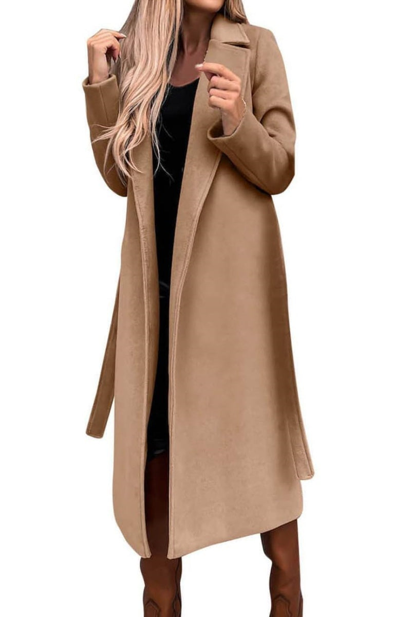 Chouyatou Womens Long Wool Pea Coats Notched Collar Open Front Woolen Blend Trench Coat with Belt