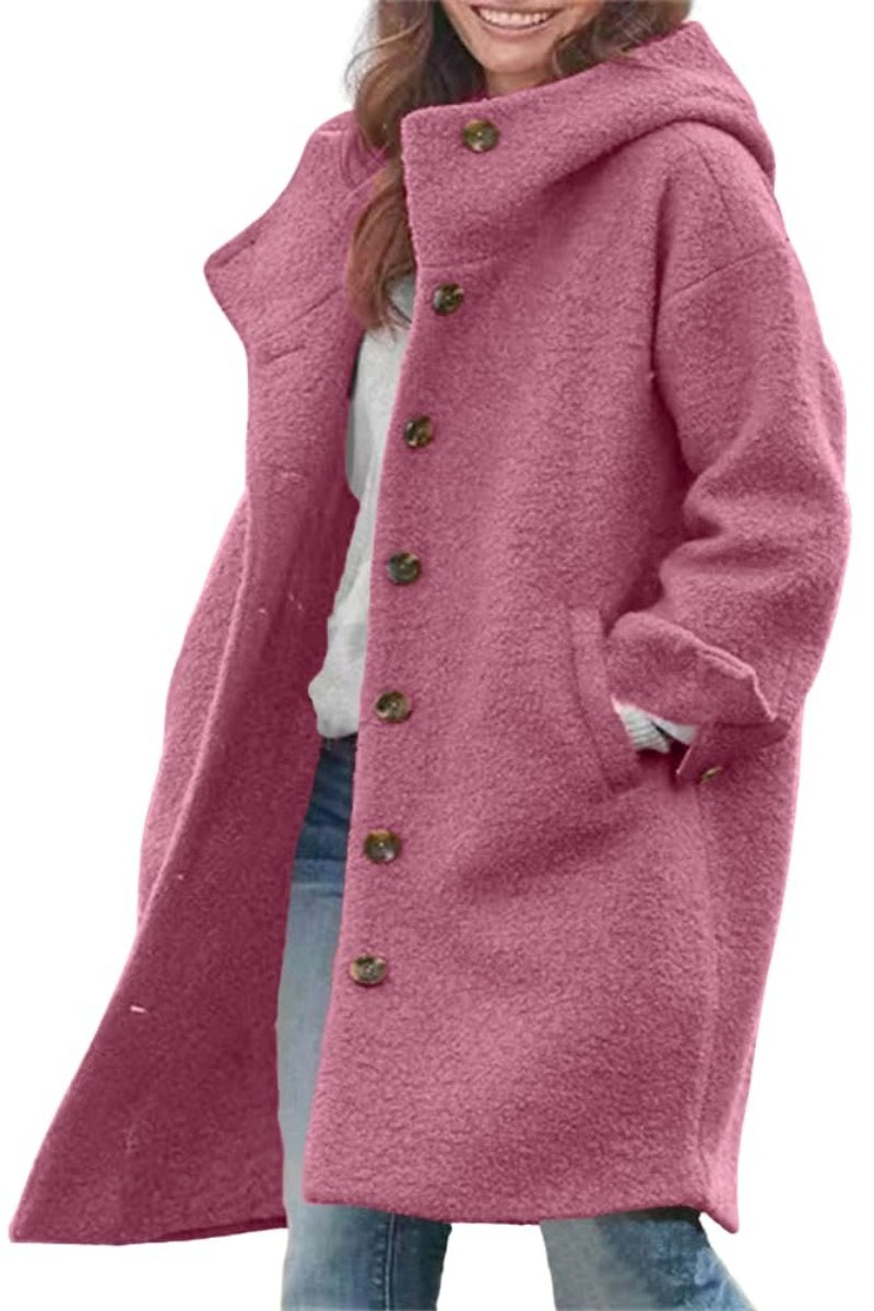 Chouyatou Women's Winter Single Breasted Long Wool Coat with Hood Casual Wool Blend Trench Coat Jacket